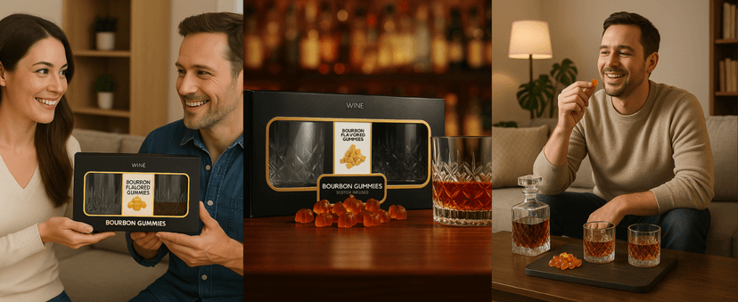 Bourbon Gummy Gift Set with 2 Whiskey Glasses – Bourbon-Flavored Candy Bears & Crystal Lowball Glasses – Father’s Day Gift for Whiskey & Scotch Lovers, Dad, Husband, or Him – Tasting Set