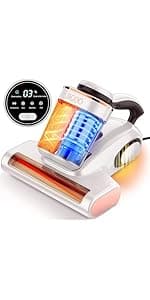 JIGOO T600 Bed Vacuum Cleaner with UV-C Light, 15Kpa Suction 700W Powerful Double Cup Handheld Vacuums, Mattress Vacuum Cleaner with Smart Dust Sensor, Ultrasonic & Heating Tech, HEPA Filter - Corded