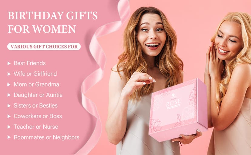 Gifts for Women, Happy Birthday Gifts for Women, Mothers Day Bath and Body Gifts for Woman with Unique Rose Self Care Gift, Home Spa Gift Basket for Mom, Girlfriend, Sister, Female Friends, Coworker