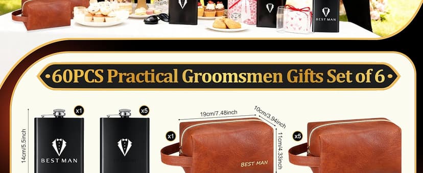 60Pcs Groomsmen Gifts Set of 6, Groomsmen Proposal Box with Flasks Sunglasses PU Leather Toiletry Bag Bottle Opener for Wedding Groomsman Best Man Gift