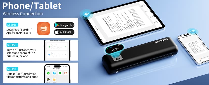 Rongta Portable Printer Wireless for Travel, F82 Inkless Bluetooth Thermal Printers, Compatible with iOS, Android, Laptop, Support 8.5"x11" US Letter&A4 for Office, Home, Car (Black)