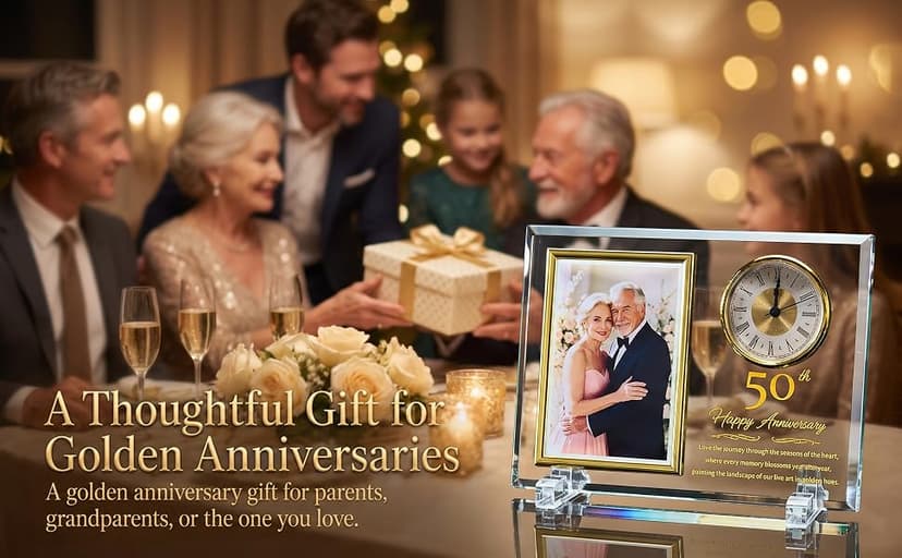 Dxaeqr 50th Wedding Anniversary Keepsake for Couples, Crystal Glass Photo Frame Clock, Golden Anniversary Present for Parents Grandparents Wife Husband, Holds 4x6 Photo B0G6WN24TD
