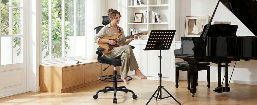 Drafting Chair, Tall Office Chair with 3D Lumbar & Head Support, Ergonomic Mesh Standing Desk Chair with Footring, Comfy Extended High Desk Chair with Flip-Up Arms & Hanger,Black