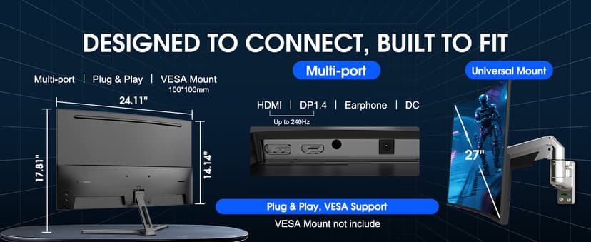 SANSUI 27 Inch Curved 240Hz Gaming Monitor FHD 1080P, 1500R Curve Computer Monitor, 130% sRGB, 4000:1 Contrast, HDR, FreeSync, MPRT 1Ms, Low Blue Light, HDMI DP Ports, Metal Stand, DP Cable Incl.