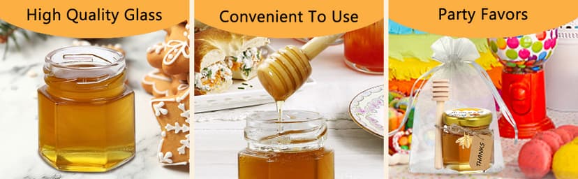 Aliggbent 48 Pack Mini Honey Jars Party Favors in Bulk, 1.5 oz Small Hexagon Glass Honey Jars with Dippers, Lids, Cute Stickers, Bee Charms, Gift Bags and Jute for Baby Showers, Weddings & Birthdays