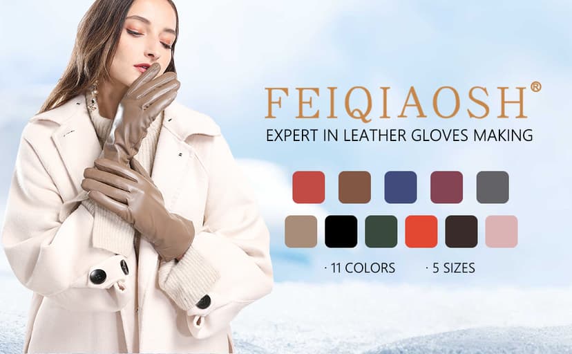 FEIQIAOSH Winter Leather Gloves for Women, Premium Sheepskin Warm Gloves for Cold Weather, Fleece Lining Touch Screen Glove