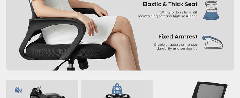 DUMOS Home Office Chair - Ergonomic Mid Back Mesh Desk Chair with Lumbar Support & Rocking Mode, Height Adjustable with Fixed Armrest, for Computer, Gaming, Meeting, 360° Swivel, Black