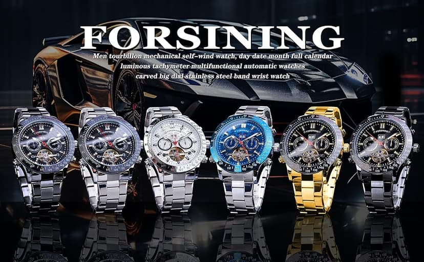 FORSINING Men Tourbillon Mechanical Self-Wind Watch, Day Date Month Full Calendar, Luminous Tachymeter Multifunctional Automatic Watches, Carved Big Dial Stainless Steel Band Wrist Watch