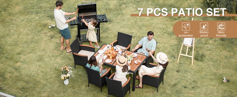 Devoko Dining 7 PCS Furniture, Patio Conversation Set with Acacia Wood Table Top, Outdoor, Beige Cushion and Black Rattan