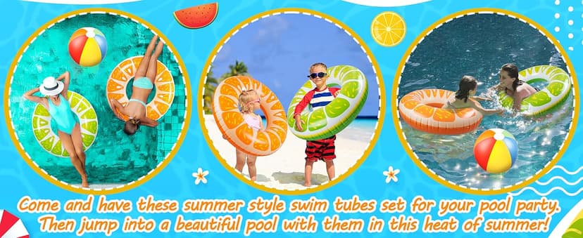 90shine 7PCS Fruit Pool Floats: Watermelon Kiwi Orange Lemon Swimming Rings with 13.5" Beach Balls - Inflatable Tubes Floaties Toys for Kids Adults