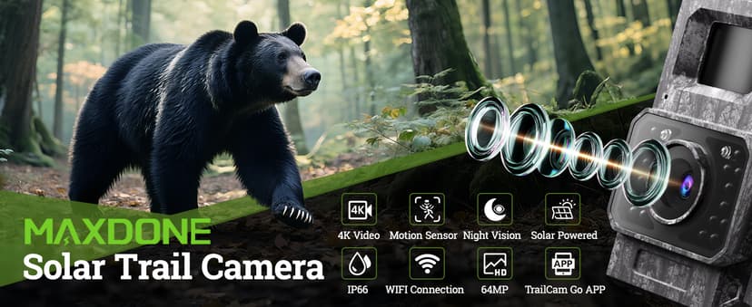 MAXDONE Solar Trail Camera WiFi Bluetooth - 4K 64MP Game Camera with 6000mAh Battery, Rechargeable Trail Cam with Night Vision Motion Activated IP66, Wildlife Cameras Deer Cams for Outdoor Backyard
