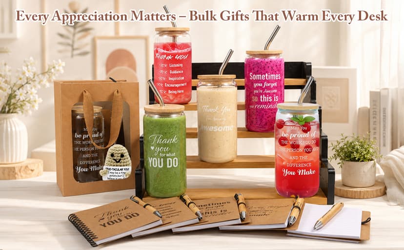 42 Pcs/6 Sets Employee Appreciation Gifts Bulk - Includes 16oz Glass Cups with Bamboo Lid, Positive Crochet, Inspirational Notebooks with Pens, Kraft Paper Gift Bags & Straw - Thank You Gifts for Coworkers, Teachers, Staff & Team B0G5MPS7K6