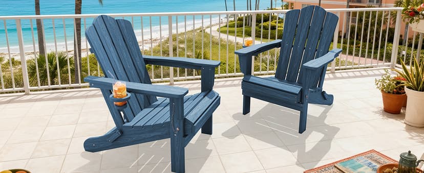 KINGYES Folding Adirondack Chair Set of 2, HDPE All-Weather Patio Chairs with Cup Holder, Wooden Textured Fire Pit Chairs Recliner for Poolside, Backyard, Deck, Navy