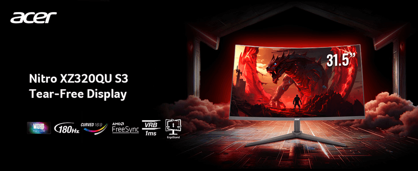 Acer Nitro 31.5 Inch WQHD 2560 x 1440 1500R Curved PC Gaming Monitor | AMD FreeSync | Up to 180Hz Refresh | 1ms VRB | Speakers | One Display Port 1.4 & Two HDMI 2.0 | XZ320QU S3bmiiphx