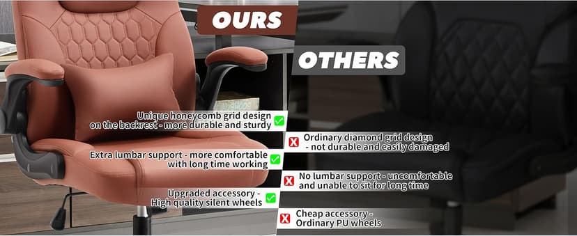 Executive Office Chair PU,Leather Office Chair with Wheels,360° Swivel Rolling Chair with Padded Arms,Ergonomic Computer Chair with Lumbar Support for Short People Use(Brown)