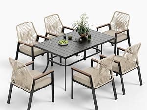 MIXPATIO 7 Pieces Round Outdoor Dining Set for 6, Patio Dining Set Wicker Rattan Chairs with Soft Cushion and 54" Round Table with Umbrella Hole, Round Patio Table and Chairs for Backyard Porch