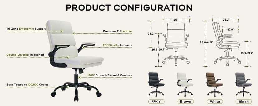 Office Chair Adjustable Desk Chair Mid Back Executive Comfortable Bonded Leather Ergonomic Back Support Home Computer Chairs with Padded Flip-up Armrest Swivel Wheels (Tan)