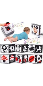 Tummy Time Baby Mirror Infant Toys Newborn 0 3 Months Brain Development with Crinkle Cloth Book Teether Black and White High Contrast Baby Toys 2 4 5 0-6 Month Boys Girls Sensory Activity Shower Gifts