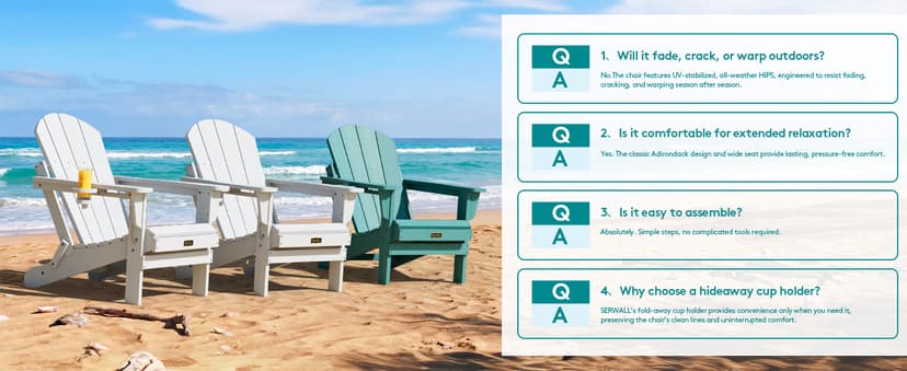 SERWALL Folding Adirondack Chair Set of 2, All Weather Patio Chair with Wood Texture, Fire Pit Chairs for Outdoor - White