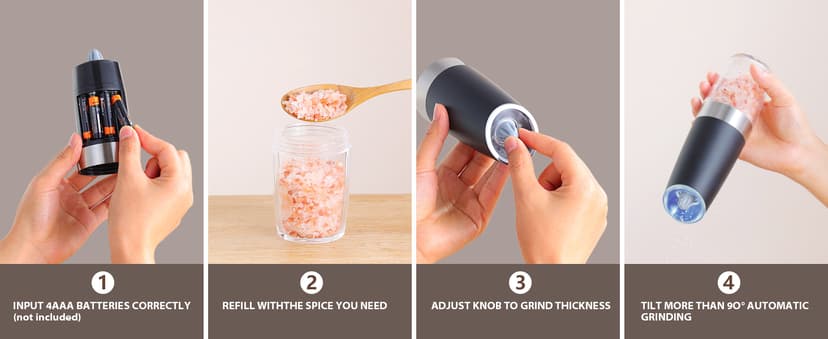 Sangcon Gravity Electric Salt and Pepper Grinder Set Automatic Shakers Mill Grinder with LED Light, BATTERY POWERED Adjustable Coarseness One Hand Operation, Upgraded Larger Capacity