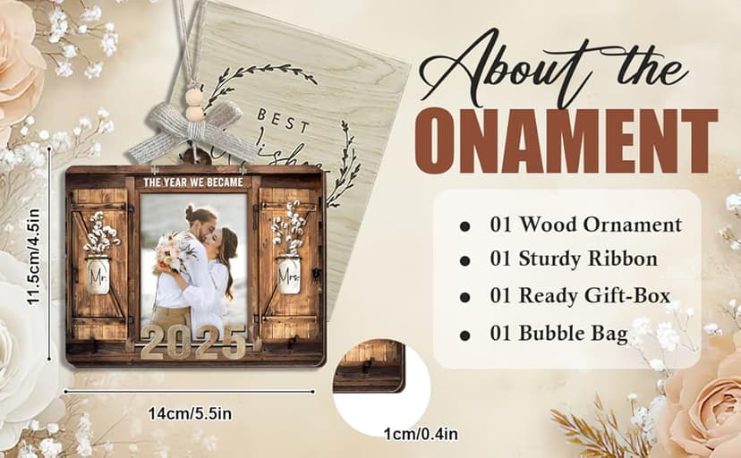 Personalized Wedding Gifts for Couples 2025 - Marriage Customized Wood Ornaments with Photos, Bridal Shower Gifts for Bride, Mr and Mrs Engagement Gift, Personalized Picture Frame