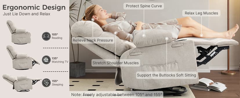 Quiet Massage Recliner Chair with Heat, 360 Swivel Rocker Glider for Nursing, Back Pain Relief, Manual Overstuffed Single Sofa with Cup Holders & Side Pockets, Oatmeal Gray