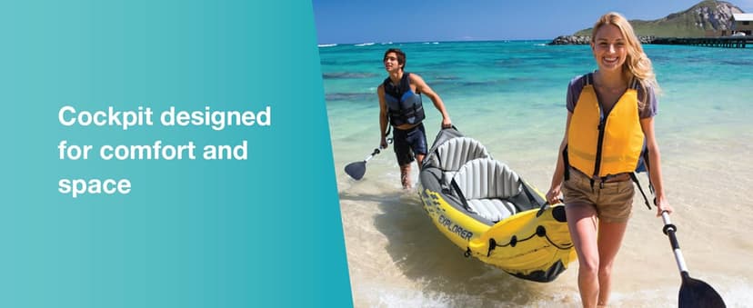 Intex 68307EP Explorer K2 Inflatable Kayak Set: Includes Deluxe 86in Aluminum Oars and High-Output Pump – SuperStrong PVC – Adjustable Seats with Backrest – 400lb Weight Capacity