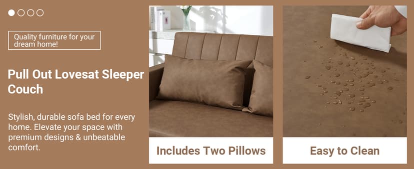 N NOORDENIYA 55'' Leather Sofa Bed, Pull Out Sleeper Sofa Couch Bed, Loveseat Sleeper, Futon Sofa Couch with Side Pocket, Convertible Sofa Bed for Living Room, Apartment, Bedroom, RV, Brown