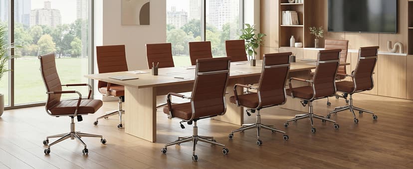 Okeysen Office Desk Chair, Ergonomic Leather Modern Conference Room Chairs, Executive Ribbed Height Adjustable Swivel Rolling Chair for Home Office. (Brown)