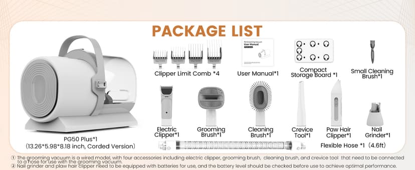 Dog Grooming Vacuum and Kit, Clipper Nail Trimmer Grinder, 2.5L Dust Cup 7 Grooming Tools 11000Pa Pet Vacuum for Shedding Grooming, Dog Hair Vacuum, Home Cleaning, PG50 Plus
