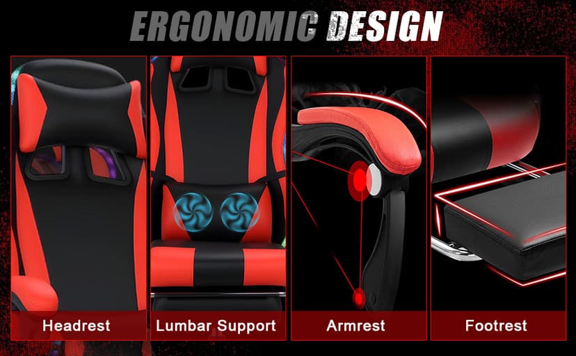 Gaming Chair with Bluetooth Speakers and Led Lights, Massage Gamer Chair with Footrest High Back and Lumbar Support, Ergonomic Height Adjustable Video Game Chairs Recliner for Adults (Black Red)