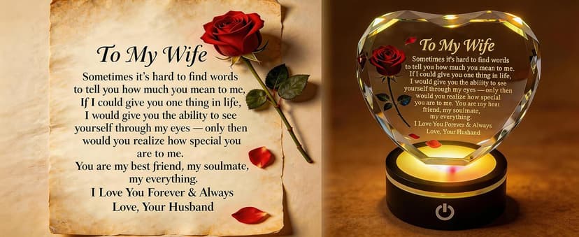 Wedding Anniversary Birthday Christmas Valentine's Day Gift from Husband, To My Wife, K9 Crystal, Color Changing LED Romantic Gifts for Wife Crystal Heart Rose Keepsake LED Base B0GV7TXQF4