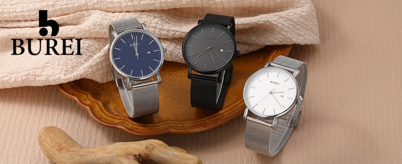 BUREI Men Watches Brown Leather Fashion Minimalist Wrist Watch Simple Ultra Thin Waterproof Quartz Watches All Black Stainless Steel Mesh Band,Gift for Men Women