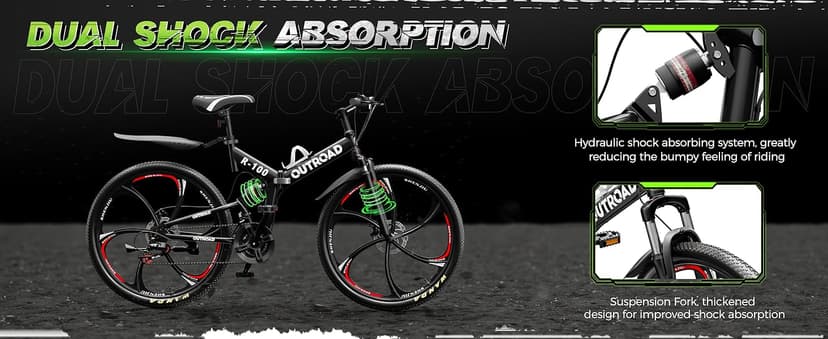 Outroad 26 Inch Folding Mountain Bike, 21 Speed Full Suspension High-Carbon Steel MTB Foldable Bicycle, Dual Disc Brake Non-Slip Folding Bikes for Adults/Men/Women, Black, Orange and Green