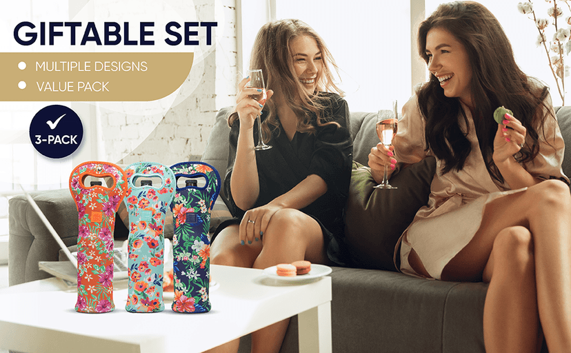 Made Easy Kit Insulated Wine Tote - Neoprene Wine Carrier Bag with Magnetic Handle Clasp - Wine Bottle Protective Travel Bag - Perfect for Gifting Travel or Gift Bag - Set of 3 (Floral Patterns)
