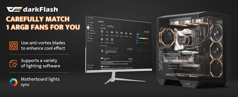 darkFlash Full-Tower ATX Gaming PC Case, Vertical GPU Mounting, Back Plug-in Motherboard, Dual-Chamber, Panoramic Glass, Up to 2 x 360mm Radiators, RTX 40 Compatible(DY470) (1 PWM ARGB Fans, Black)