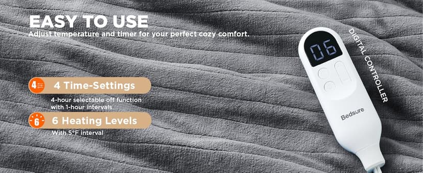 Bedsure Heated Blanket Throw Blanket - Fast Heating Electric Blanket, GentleSoft Flannel Heated Throw with 4 Time Settings, 6 Heating Settings, Warm Gifts for Grandma (50x60 inches, Grey)