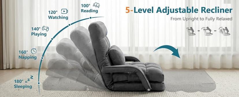 STHOUYN Comfy Floor Chair Bedroom 2 USB Charging Ports, 5-Position Couch Gaming Lounge Chairs Adults, Indoor Folding Lazy Sofa Meditation Arm Dorm Chair Living Room (Grey)