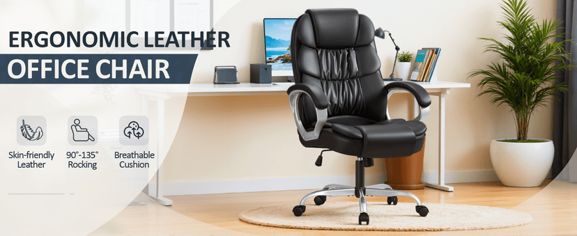 Homall Office Chair High Back Computer Desk Chair, PU Leather Adjustable Height Modern Executive Swivel Task Chair with Padded Armrests and Lumbar Support (Black)