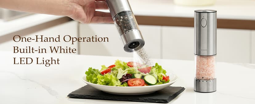 Salt and Pepper Shakers with Adjustable Coarseness, LED Lights, Large Capacity, Kitchen Appliances Gifts for Women Newise Electric Salt and Pepper Grinder Set, Rechargeable, Stainless Steel B0CZCNDWYB