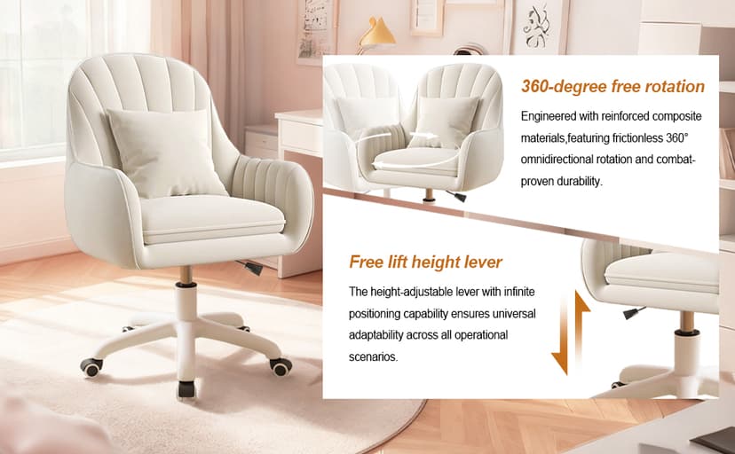 JPBSTO Upholstered Desk Chair with Pillow Swivel Rolling Accent Chair for Women Girls, Adjustable Height Vanity Chair with Wheels for Living Room, Home Office, Black