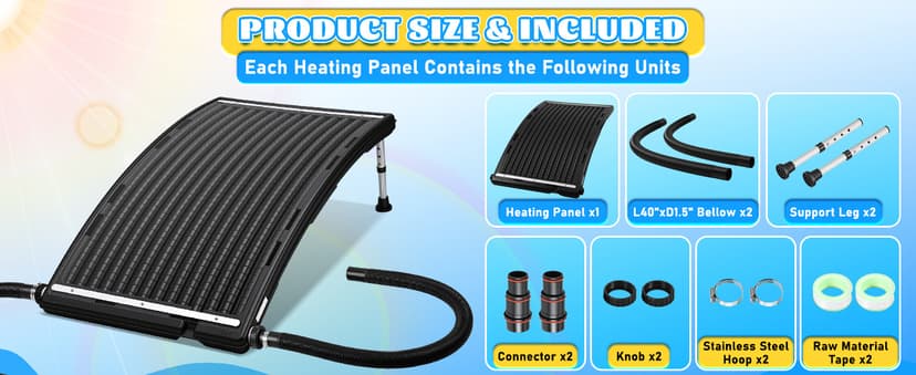 2PCS 2026 Upgraded Solar Pool Heater, with Height-Adjustable Support Feet, Four-Level Adjustment for Above-Ground and Inground Pools, Includes 4 Adapters, 4 Hoses & Clamps, 4 Plumber's Tapes