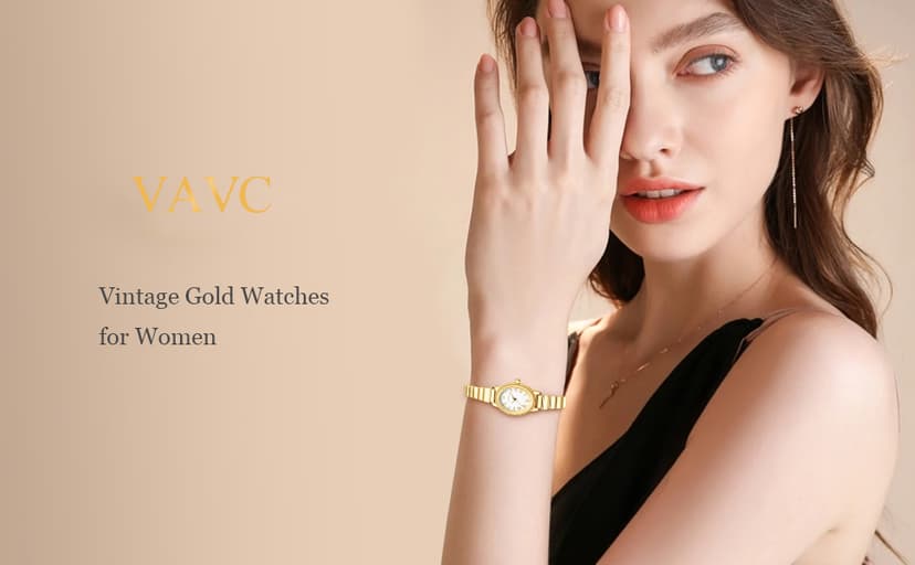 VAVC Small Gold Watches for Women,Analog Womens Watch with Stainless Steel Expansion Band,Oval Case Roman Dial,Water Resistant