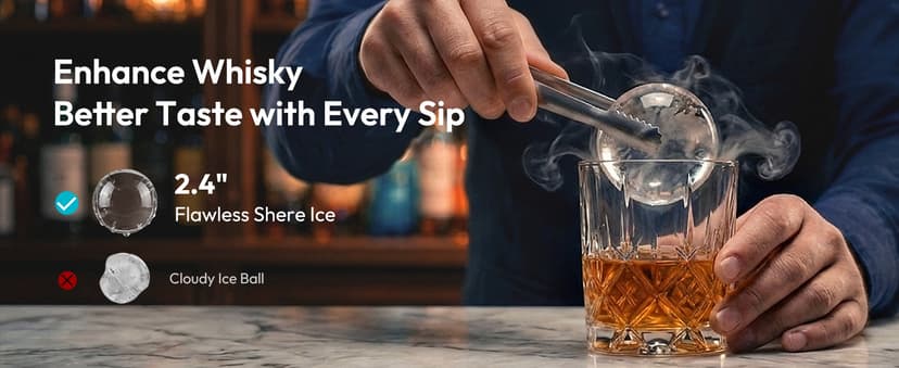 EUHOMY 2.4" Ice Ball Maker Countertop, 2Pcs Ready in 60Mins, 48Pcs/Day, 8H Timer, Self-Cleaning Sphere Ice Maker Machine with Crystal Clear Ice, Round Ice Cube Maker for Whiskey & Bourbon