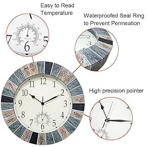 UMEXUS Outdoor Clock with Thermometer, 13 Inch Retro Large Waterproof Wall Clocks Indoor Silent Non-Ticking Battery Operated Weatherproof Decor for Garden Kitchen Bathroom Mother Gift