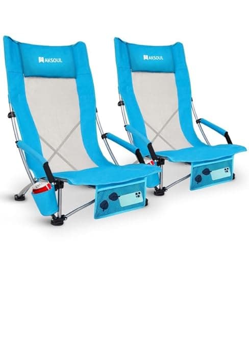 AKSOUL Folding Beach Chair for Adults: Low/High Back Chairs with Carry Bag - Extra Wide Seat Chair with Comfortable Pillow & Storage Pocket (1 Pack & 2 Pack, Blue)