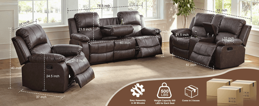 Saxum Tegmen Living Room Furniture Sets, Leather Recliner Sofa, Sectional Sofa Set with Convertible Table & Cup Holders, 3 Pieces Furniture for Living Room/RV/Office (3 Pieces Set, Brown Leather)