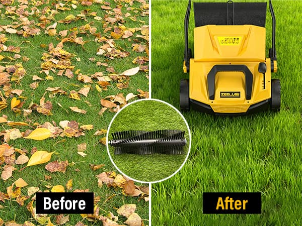 ZEGJAW 15” Artificial Turf Sweeper, 13 Amp Lawn Sweeper, Support 5-Position Depth Adjustment with 45L Removable Collection Bag, Quick-Fold, for Artificial Grass, Keep Your Yard Tidy
