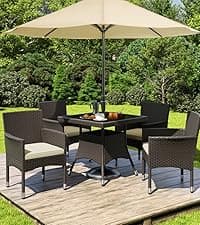 Yaheetech 7 Piece Patio Furniture Set, Outdoor Dining Acacia Wood Table Top Rattan Conversation Set with Soft Cushions, 6 Chairs & 1 Table for Backyard, Deck, Garden & Yard, Black/Beige