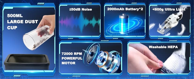 EABOSON Handheld Vacuum Cordless, 16000PA High Power Suction Hand Held Car Vacuum Cleaner Portable with Washable Filter & Multi Accessories, Rechargeable Dust Busters for Car Home Office and Pet Hair